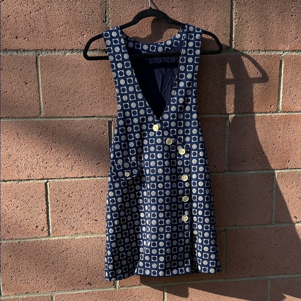 Perfect Vintage Navy Blue & White Polka Dot Mini Pinafore Jumper Smock Dress